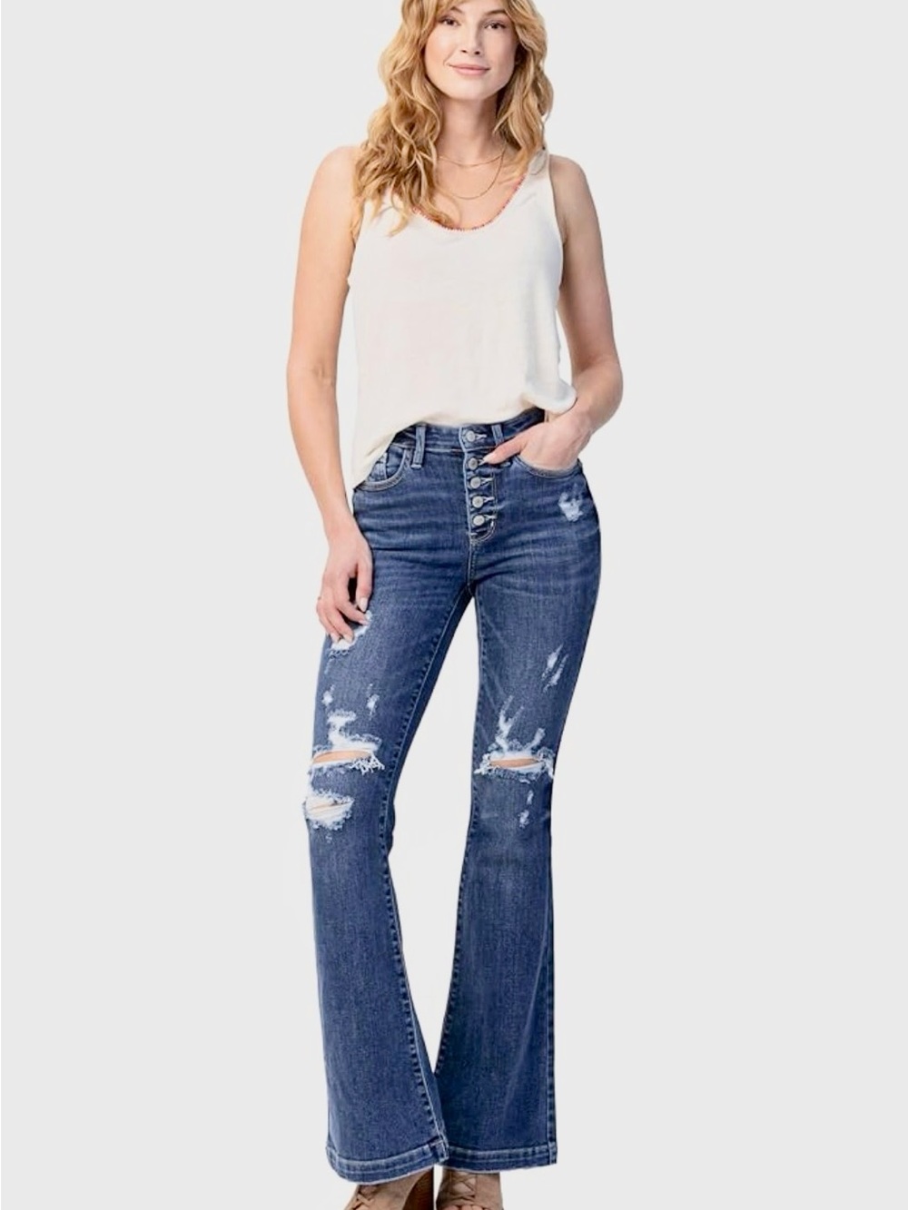 Judy Blue Medium Blue High-Rise Distressed Flare Jeans